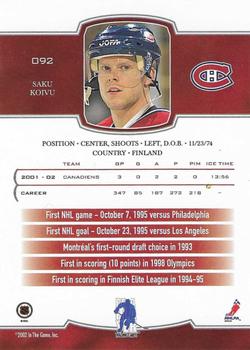 2002-03 Be a Player First Edition - Vancouver The Big One #092 Saku Koivu Back