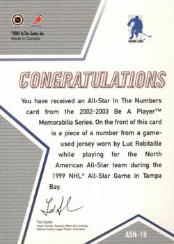 2002-03 Be a Player Memorabilia - All-Star Numbers #ASN-18 Luc Robitaille Back