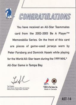 2002-03 Be a Player Memorabilia - All-Star Teammates #AST-14 Peter Forsberg / Dominik Hasek Back