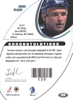 2002-03 Be a Player Signature Series - Autographs #008 Bryan McCabe Back