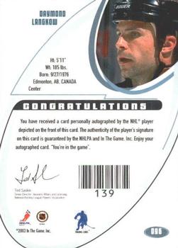 2002-03 Be a Player Signature Series - Autographs #096 Daymond Langkow Back