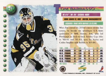 1994-95 Score #31 Tom Barrasso Back