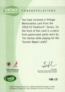2002-03 Parkhurst - Vintage Memorabilia #VM-15 Tim Horton Back