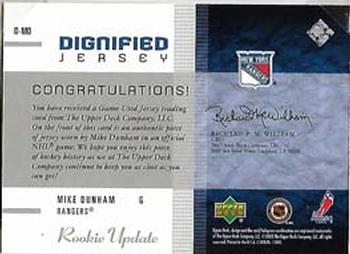 2002-03 Upper Deck Rookie Update - Dignified Jerseys #D-MD Mike Dunham Back