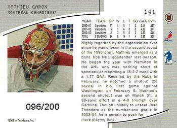2003-04 Be a Player Memorabilia - Ruby #141 Mathieu Garon Back