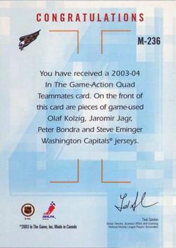 2003-04 In The Game Action - Jerseys #M-236 Olaf Kolzig / Jaromir Jagr / Peter Bondra / Steve Eminger Back