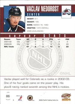 2003-04 Pacific - Red #86 Vaclav Nedorost Back