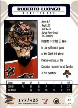 2003-04 Pacific Prism - Gold #45 Roberto Luongo Back