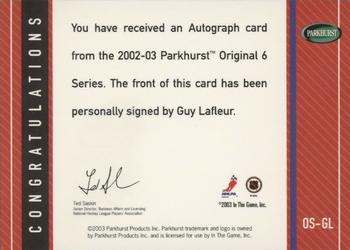 2003-04 Parkhurst Original Six Montreal - Autographs #OS-GL Guy Lafleur Back