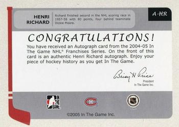2004-05 In The Game Franchises Canadian - Autographs #A-HR Henri Richard Back