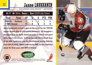 1995-96 Parkhurst International #52 Janne Laukkanen Back