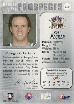 2004-05 In The Game Heroes and Prospects - Autographs #A-CP Cory Pecker Back