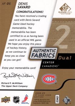 2008-09 SP Game Used - Authentic Fabrics Dual Gold #AF-DS Denis Savard  Back