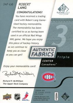 2008-09 SP Game Used - Authentic Fabrics Triple Platinum - Jersey Patch #3AF-LG Robert Lang  Back