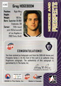 2005-06 In The Game Heroes and Prospects - Autographs Series II #A-GHO Greg Hogeboom Back