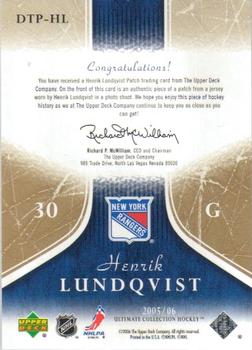 2005-06 Upper Deck Ultimate Collection - Ultimate Debut Threads Patches #DTP-HL Henrik Lundqvist Back