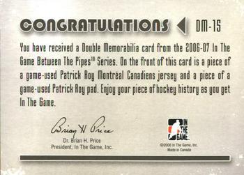 2006-07 In The Game Between The Pipes - Double Memorabilia #DM-15 Patrick Roy Back