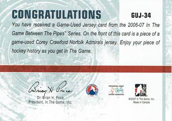 2006-07 In The Game Between The Pipes - Game Used Jersey #GUJ-34 Corey Crawford  Back