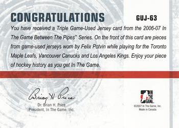 2006-07 In The Game Between The Pipes - Game Used Jersey #GUJ-63 Felix Potvin  Back