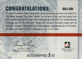 2006-07 In The Game Between The Pipes - Game Used Jersey Autograph #GUJ-64 Cam Ward  Back