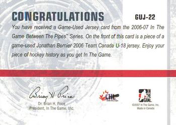 2006-07 In The Game Between The Pipes - Game Used Jersey Gold #GUJ-22 Jonathan Bernier  Back