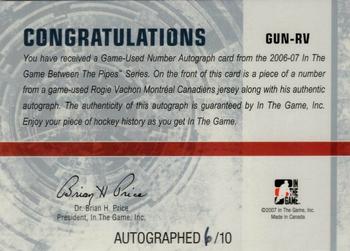 2006-07 In The Game Between The Pipes - Game Used Number Autograph #GUN-RV Rogie Vachon  Back