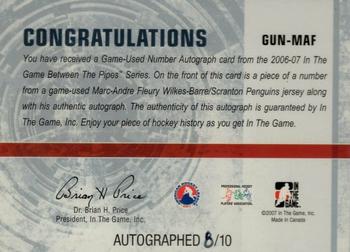 2006-07 In The Game Between The Pipes - Game Used Number Autograph #GUN-MAF Marc-Andre Fleury  Back