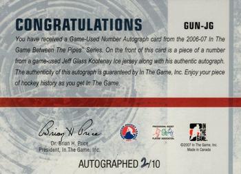2006-07 In The Game Between The Pipes - Game Used Number Autograph #GUN-JG Jeff Glass  Back