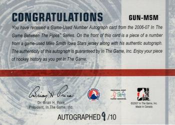 2006-07 In The Game Between The Pipes - Game Used Number Autograph #GUN-MSM Mike Smith  Back