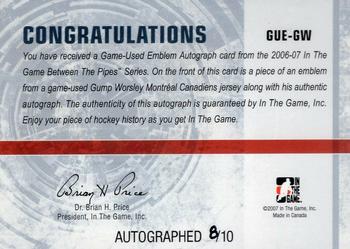 2006-07 In The Game Between The Pipes - Game Used Number Autograph #GUN-GW Gump Worsley  Back