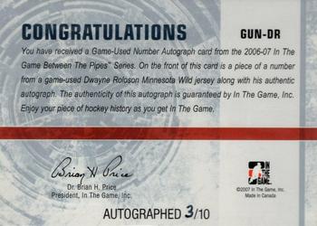 2006-07 In The Game Between The Pipes - Game Used Number Autograph #GUN-DR Dwayne Roloson  Back