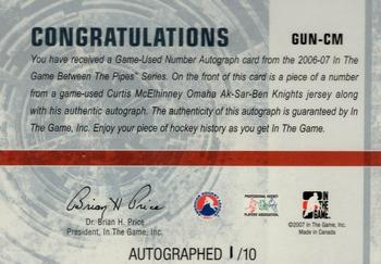2006-07 In The Game Between The Pipes - Game Used Number Autograph #GUN-CM Curtis McElhinney  Back