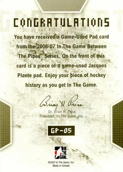 2006-07 In The Game Between The Pipes - Pads #GP-05 Jacques Plante  Back