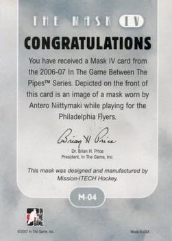 2006-07 In The Game Between The Pipes - The Mask IV #M-04 Antero Niittymaki  Back