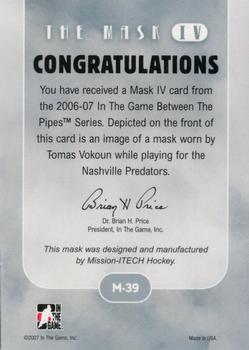 2006-07 In The Game Between The Pipes - The Mask IV #M-39 Tomas Vokoun  Back