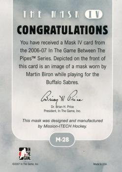 2006-07 In The Game Between The Pipes - The Mask IV Gold #M-28 Martin Biron  Back