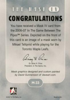 2006-07 In The Game Between The Pipes - The Mask IV Gold #M-33 Mikael Tellqvist  Back