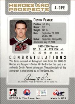 2006-07 In The Game Heroes and Prospects - Autographs #A-DPE Dustin Penner  Back