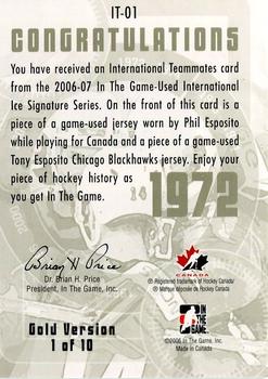 2006-07 In The Game Used International Ice - Teammates Gold #IT-01 Phil Esposito / Tony Esposito  Back