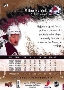 2007-08 Upper Deck Be a Player - Player's Club #51 Milan Hejduk  Back