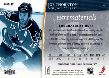 2007-08 Fleer Hot Prospects - Hot Materials #HM-JT Joe Thornton  Back