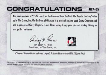 2009-10 In The Game 1972 The Year In Hockey - '71-'72 Quest For The Cup #QCA-05 Gerry Cheevers / Garry Unger  Back