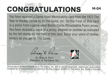 2009-10 In The Game 1972 The Year In Hockey - Game Used Emblem Silver #M-04 Bobby Clarke Back