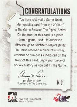 2009-10 In The Game Between The Pipes - Jerseys Black #M-01 JP Anderson  Back