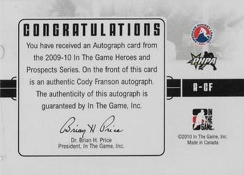 2009-10 In The Game Heroes and Prospects - Autographs #A-CF Cody Franson  Back