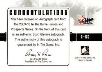 2009-10 In The Game Heroes and Prospects - Autographs #A-SG Scott Glennie  Back
