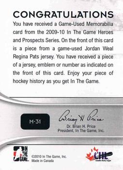 2009-10 In The Game Heroes and Prospects - Game Used Jerseys #M-31 Jordan Weal  Back