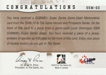 2009-10 In The Game Heroes and Prospects - Subway Series Jerseys #SSM-03 Louis Domingue  Back