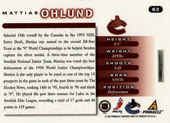 1997-98 Score #63 Mattias Ohlund Back