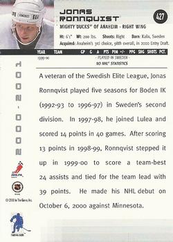 2000-01 Be a Player Memorabilia #427 Jonas Ronnqvist Back